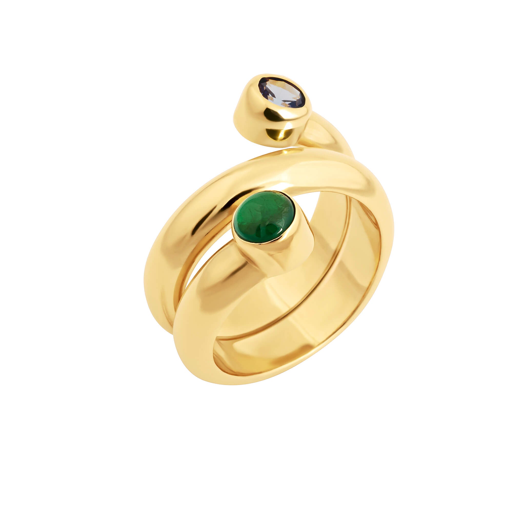 Bubble twist ring with cubic zirconia in gold finish featuring green and blue bezel-set cubic zirconia.