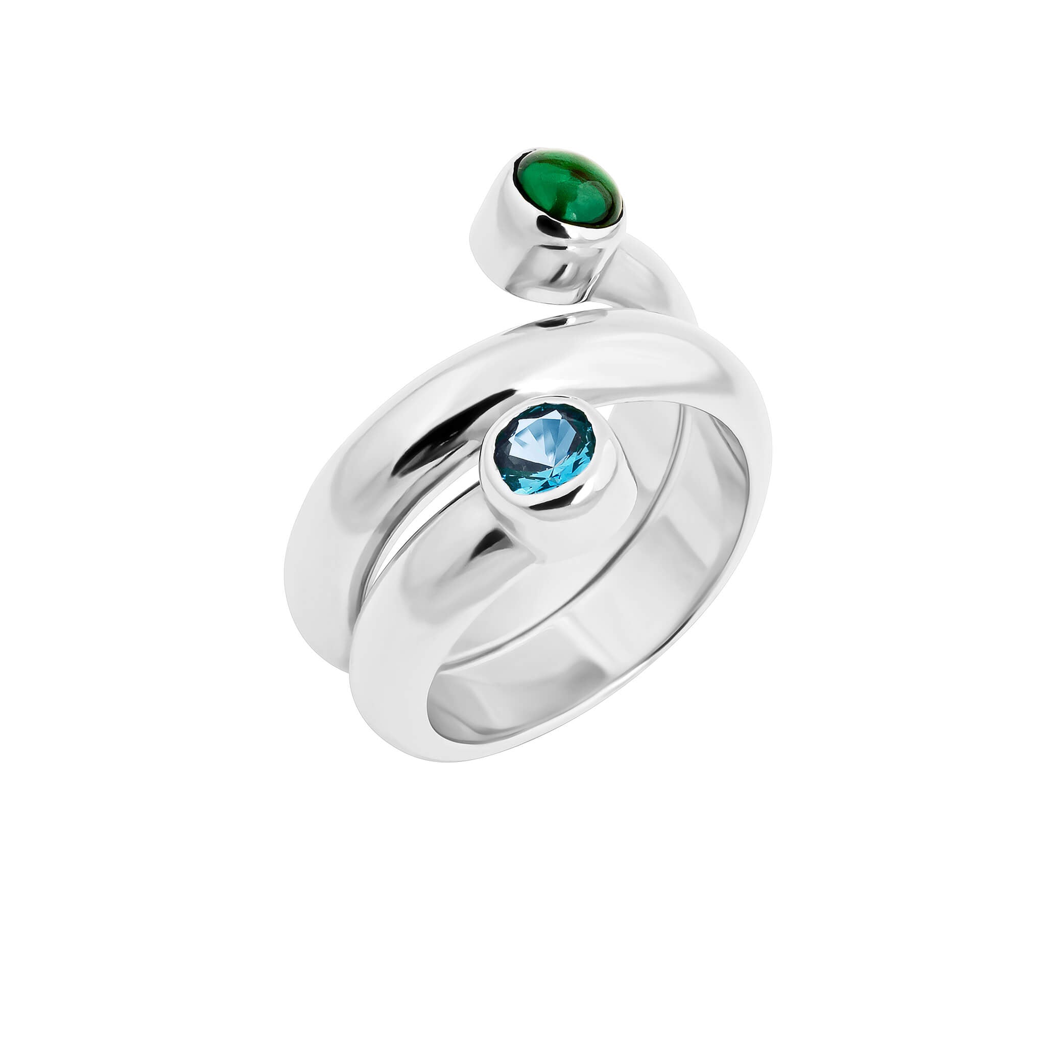 Bubble twist ring with cubic zirconia in silver featuring green and blue bezel-set cubic zirconia.