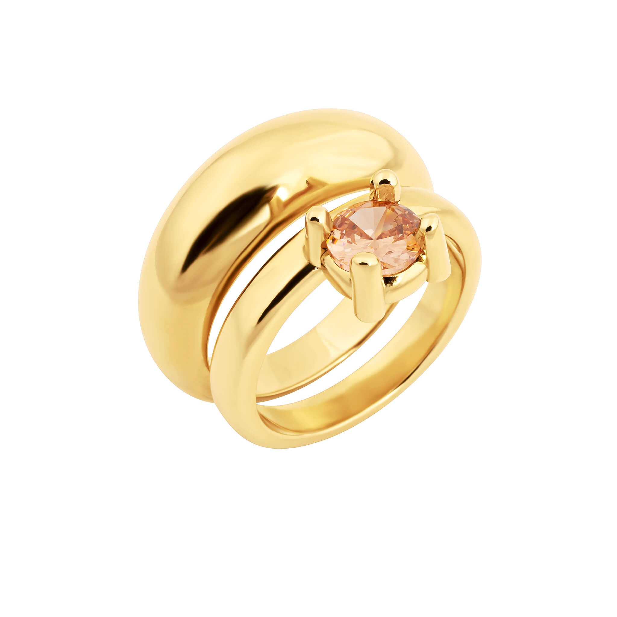 Drip ring with cubic zirconia in gold finish featuring a round peach cubic zirconia in a four-prong setting.