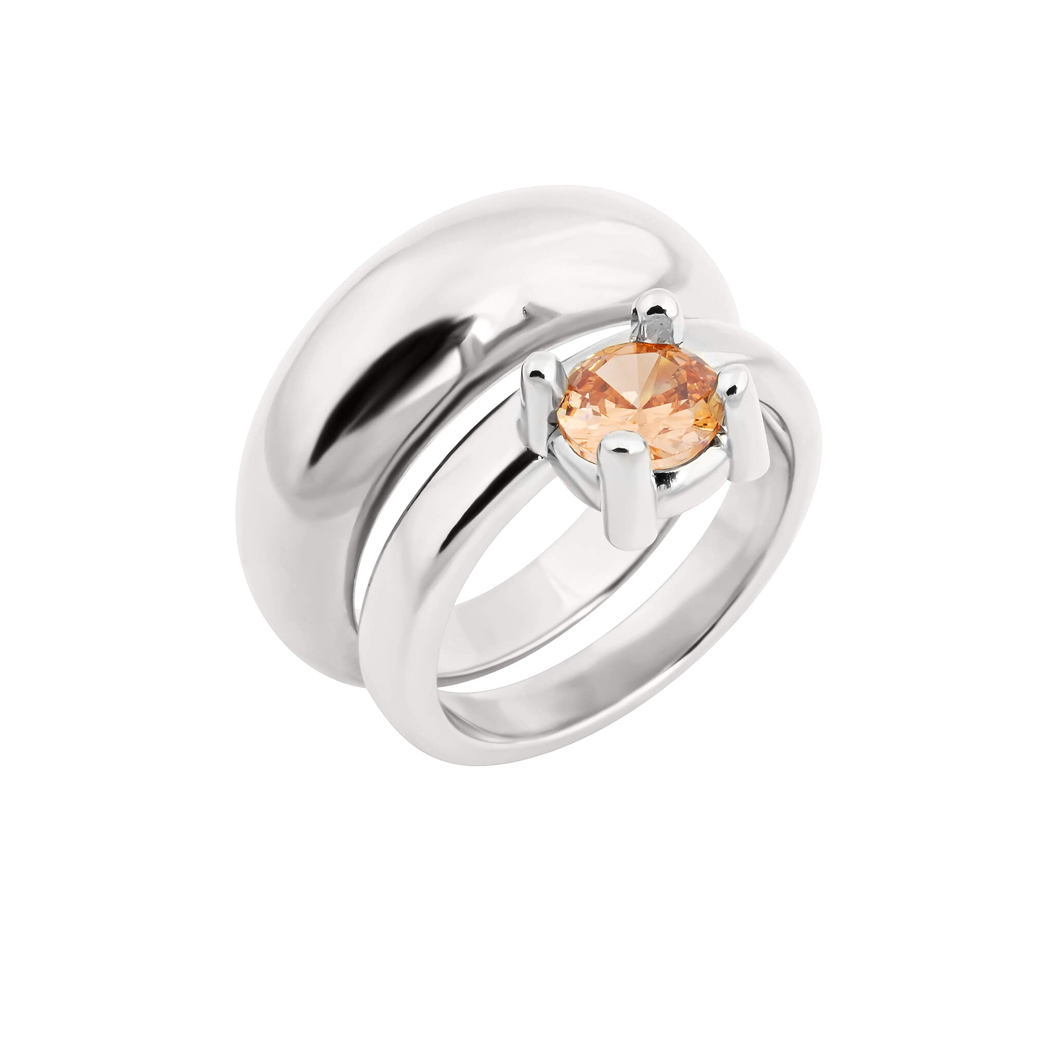 Drip ring with cubic zirconia in silver featuring a round peach cubic zirconia in a four-prong setting