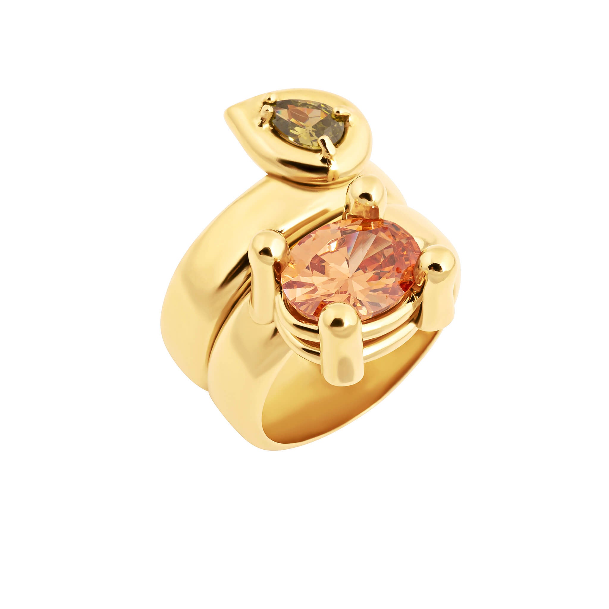 Drip drop ring with cubic zirconia in gold finish featuring a round peach and marquise olive cubic zirconia.