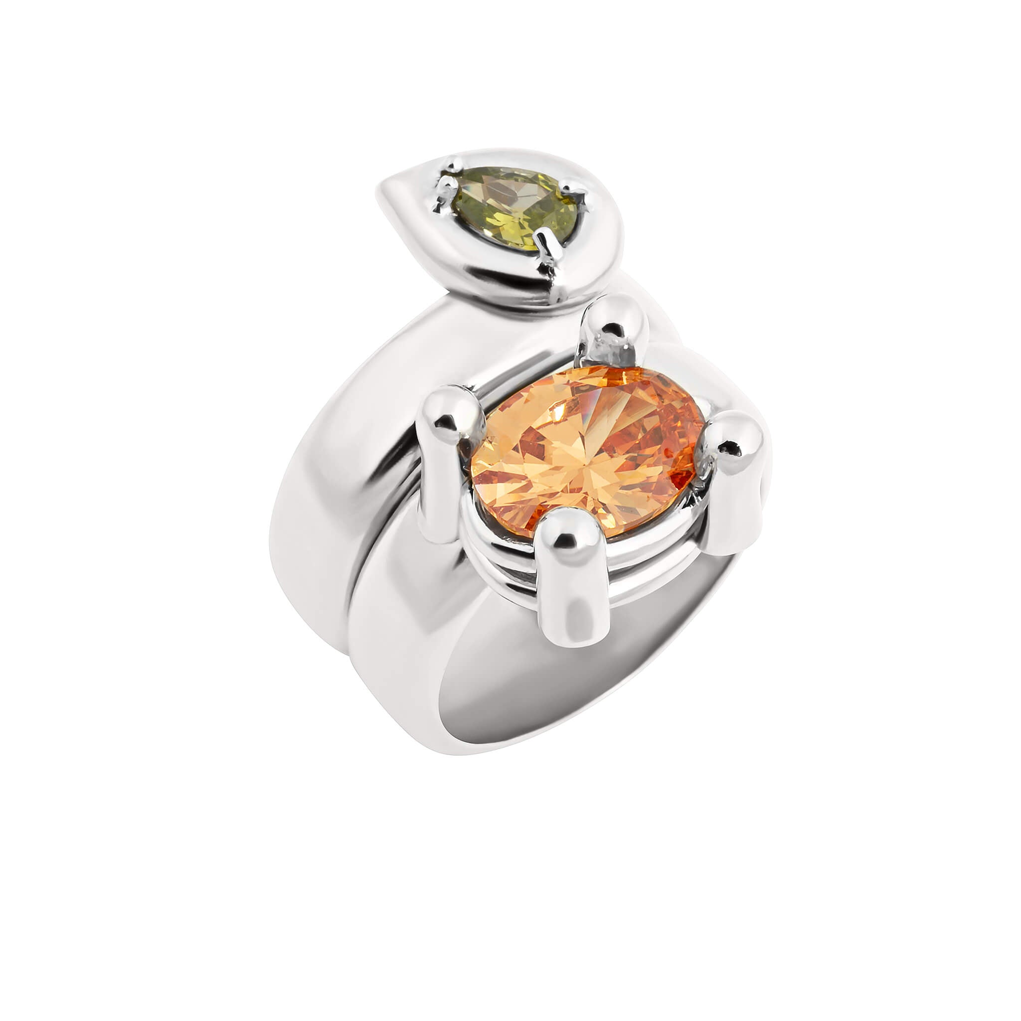 Drip drop ring with cubic zirconia in silver featuring a round peach and marquise olive cubic zirconia