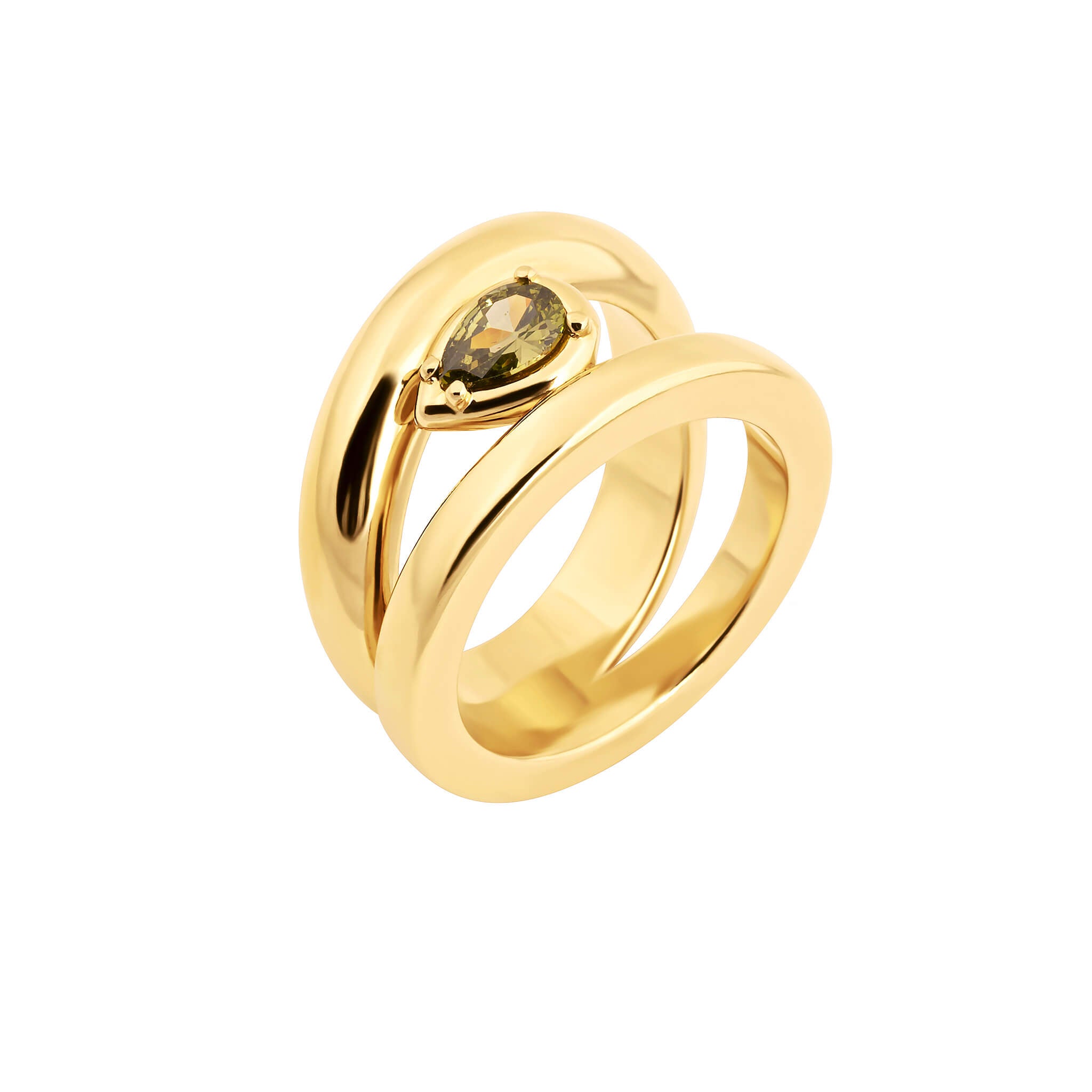 Drop ring with cubic zirconia in gold finish featuring a pear-cut olive cubic zirconia in a four-prong setting.