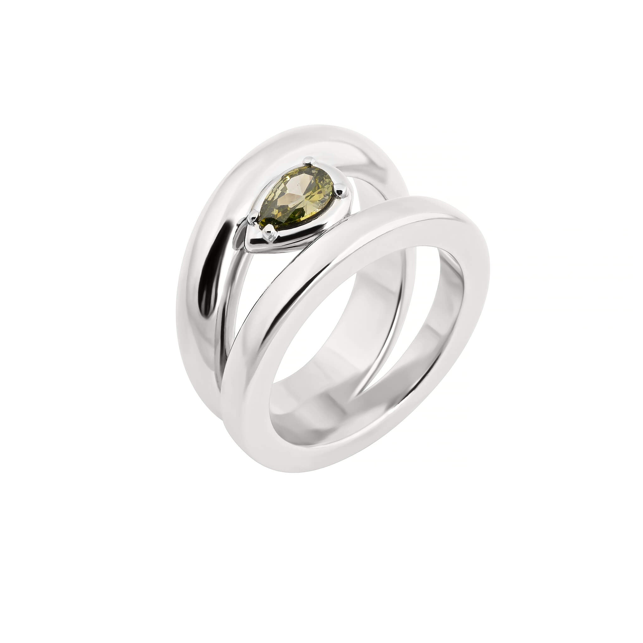 Drop ring with cubic zirconia in silver featuring a pear-cut olive cubic zirconia in a four-prong setting