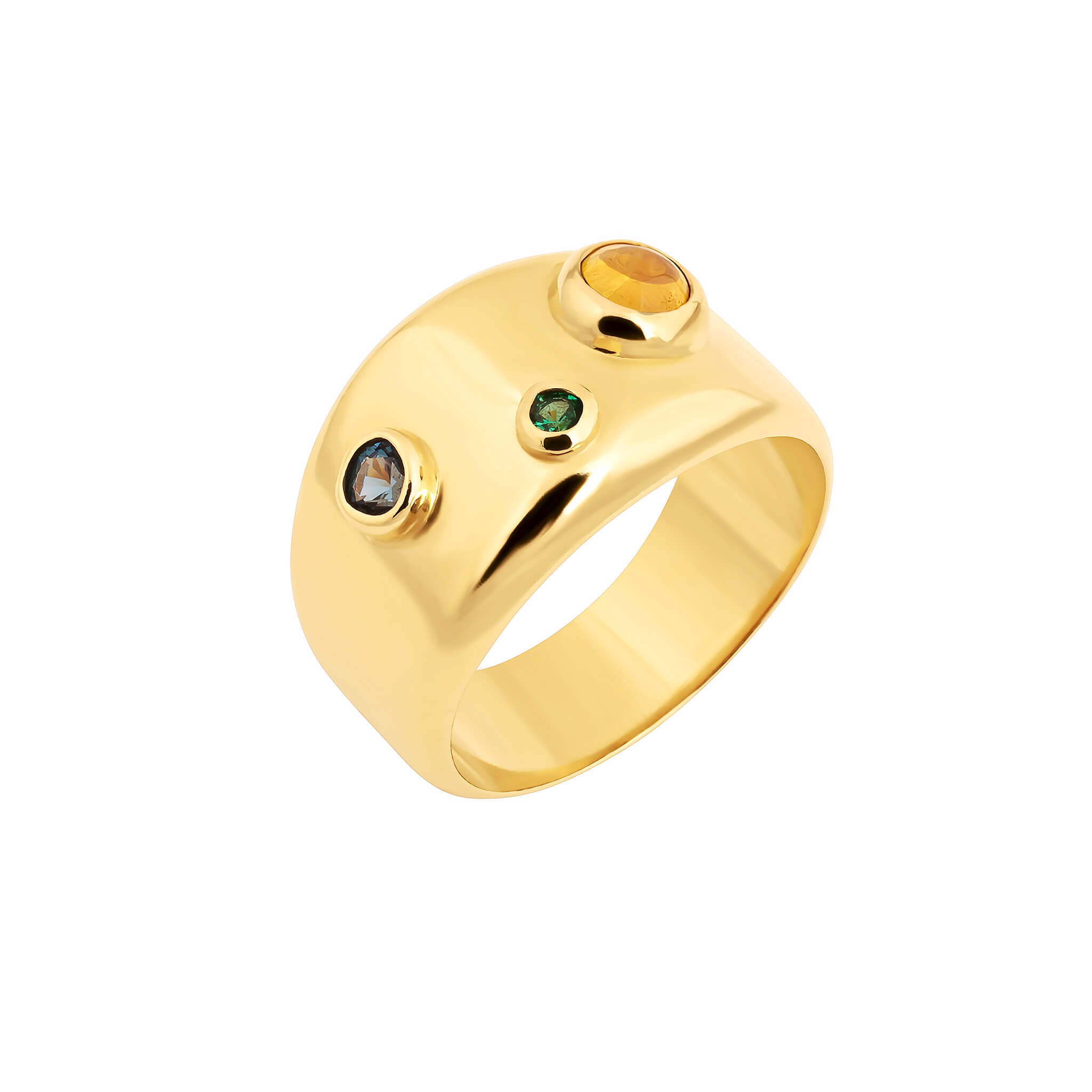 Spill ring with cubic zirconia in gold finish featuring blue, green and amber bezel-set cubic zirconia.
