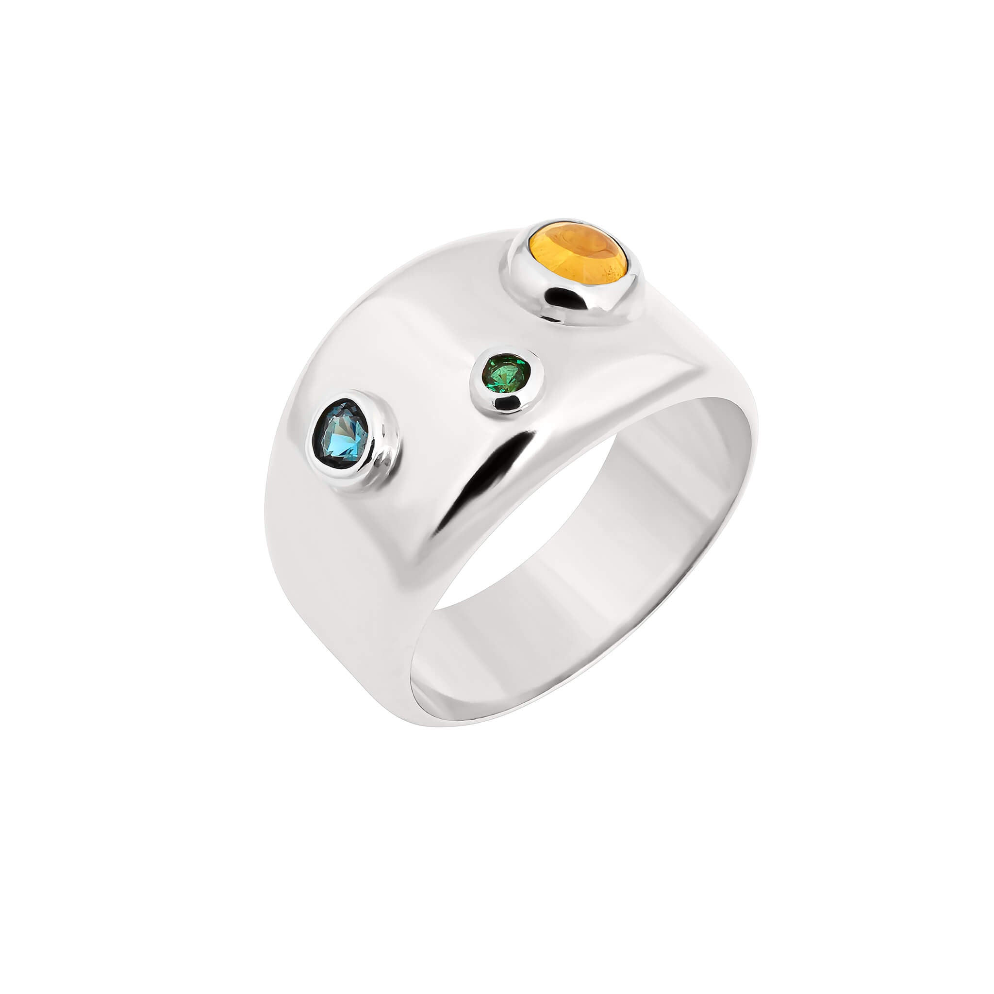 Spill ring with cubic zirconia in silver featuring blue, green and amber bezel-set cubic zirconia
