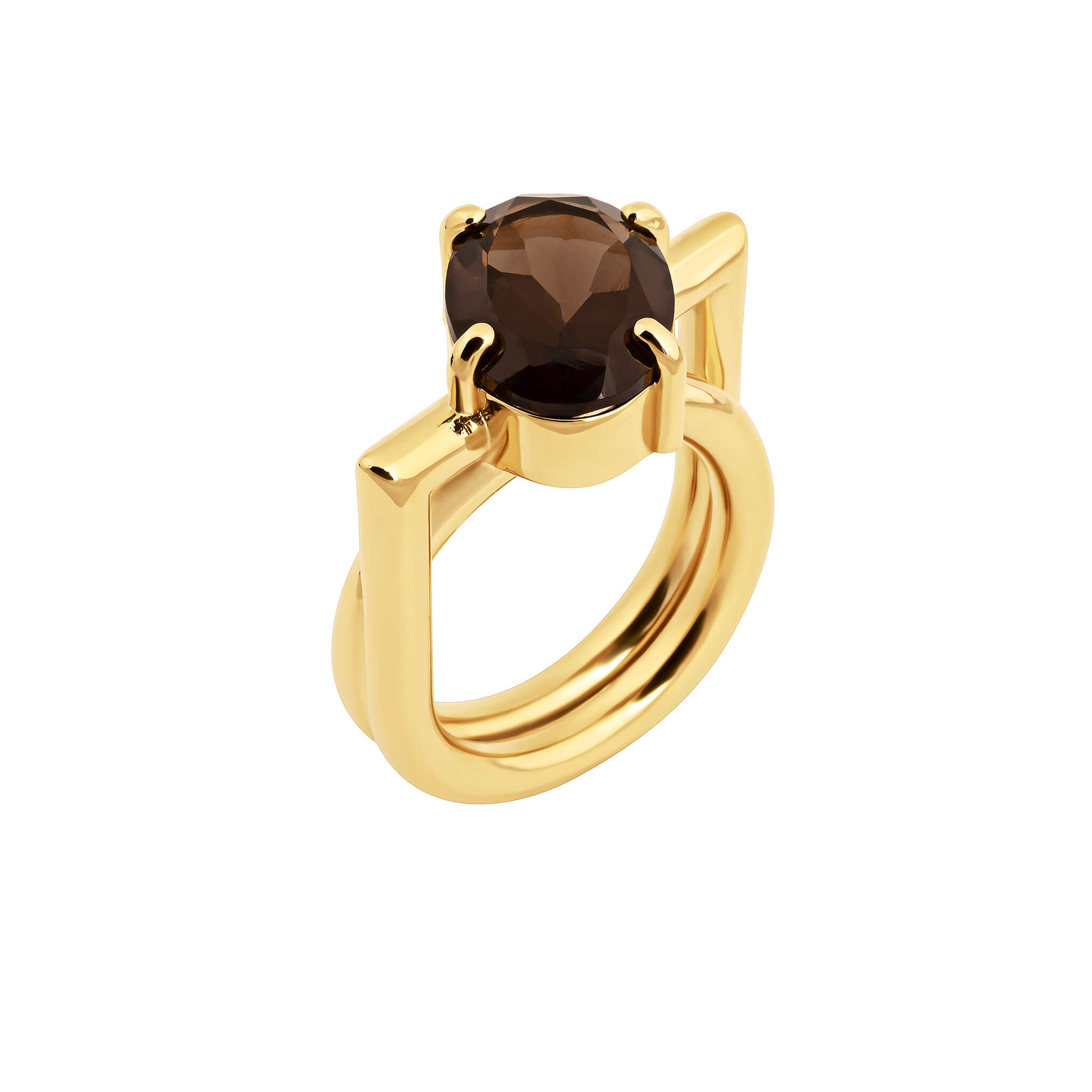 Product image of our Echo ring in gold vermeil, featuring a bold geometric band with angular detailing and an oval smoky quartz gemstone at the center.