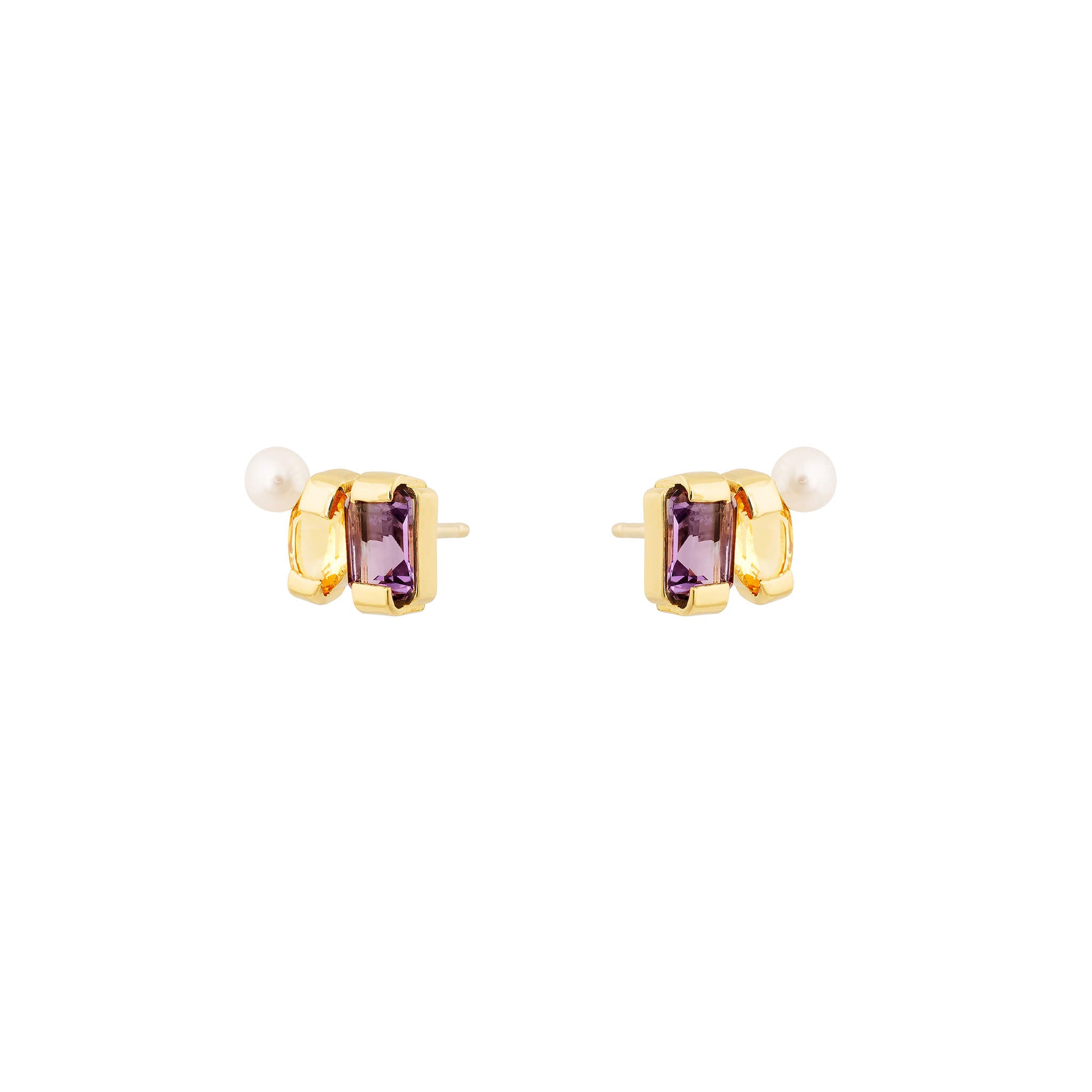 Product image of Ray studs with amethyst, citrine and pearl in 18-carat gold-plated silver