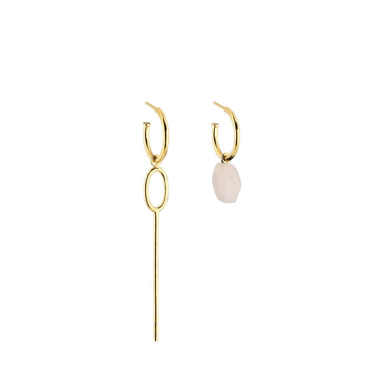 gold asymmetric rose quartz hoop earrings