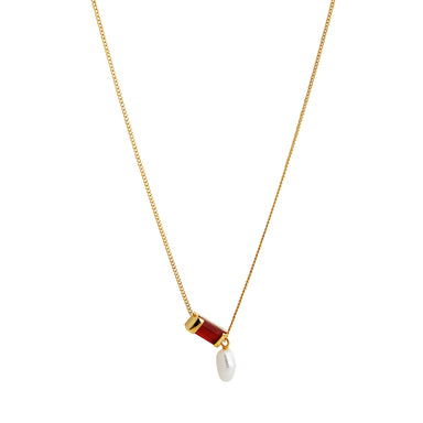 goldplated bar necklace with carnelian agate and baroque pearl