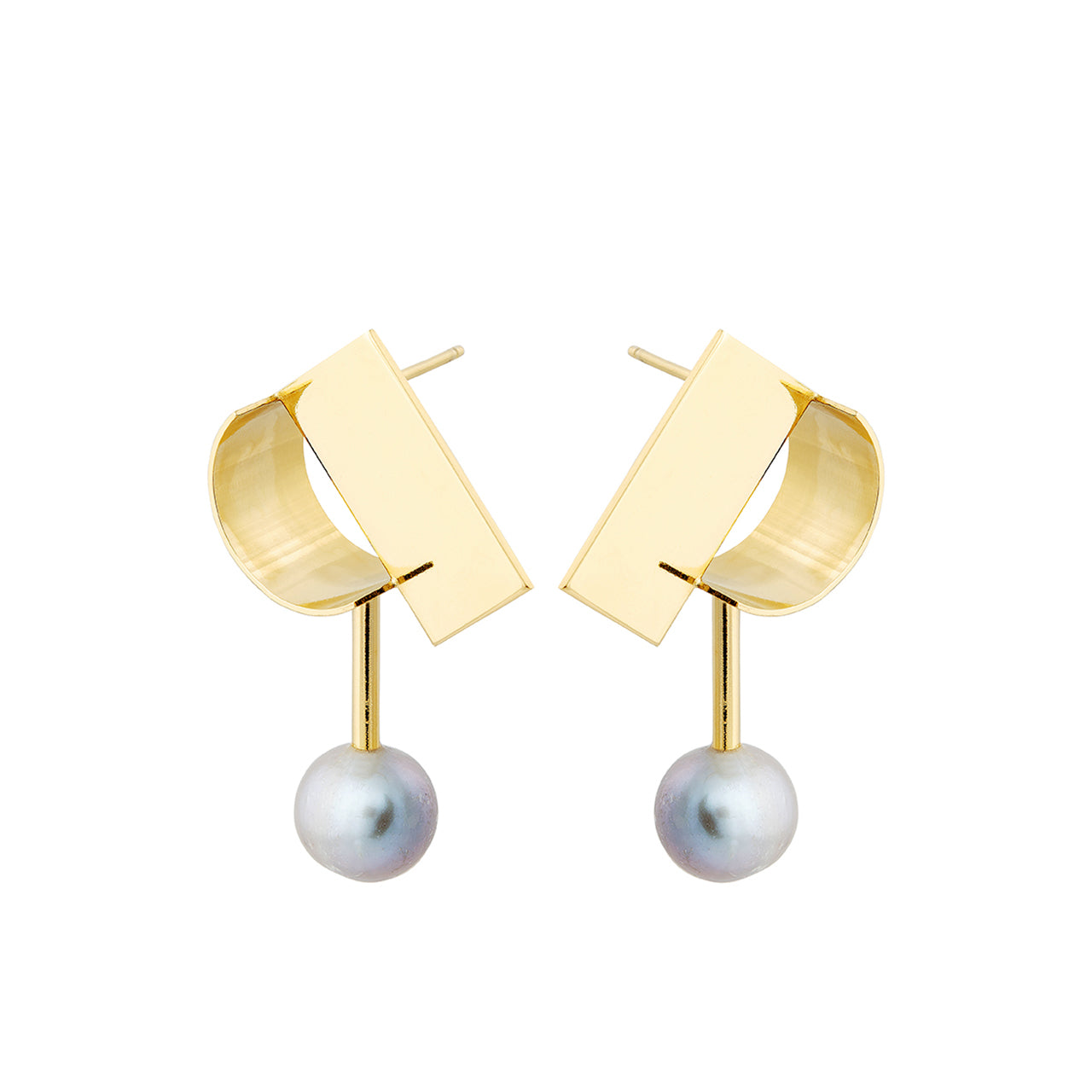 goldplated script earrings with grey pearl