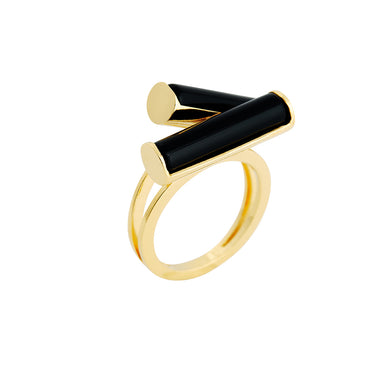 goldplated serif double ring with black agate
