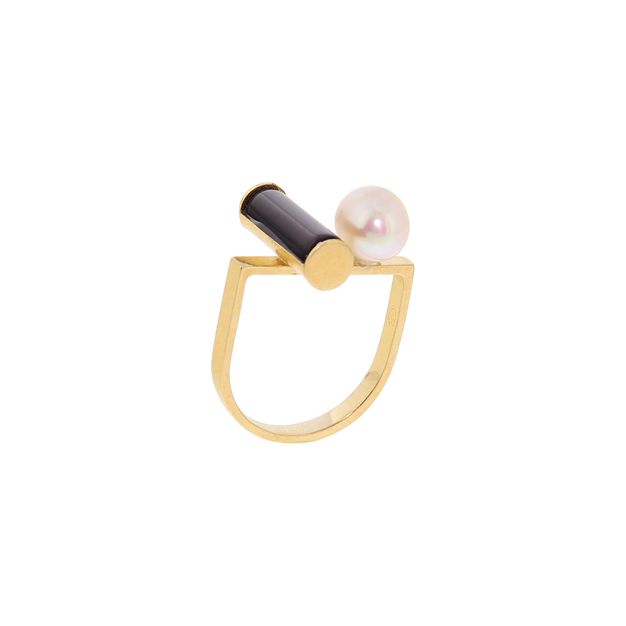 gold u-shape pearl onyx ring