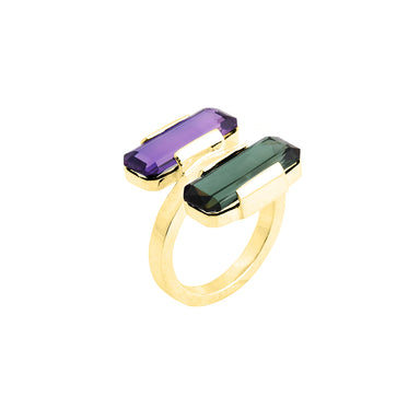 goldplated apex ring with vintage purple and green stones