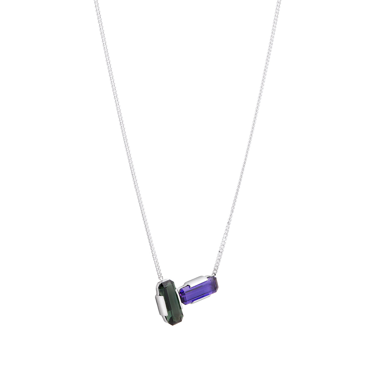 silver apex necklace with vintage purple and green stones