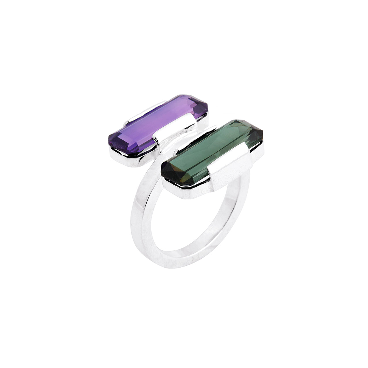 silver apex ring with vintage purple and green stones