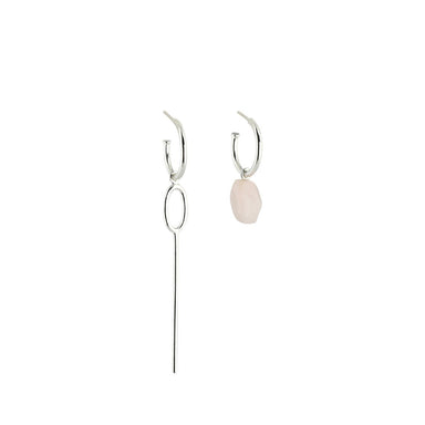 silver asymmetric rose quartz hoop earrings