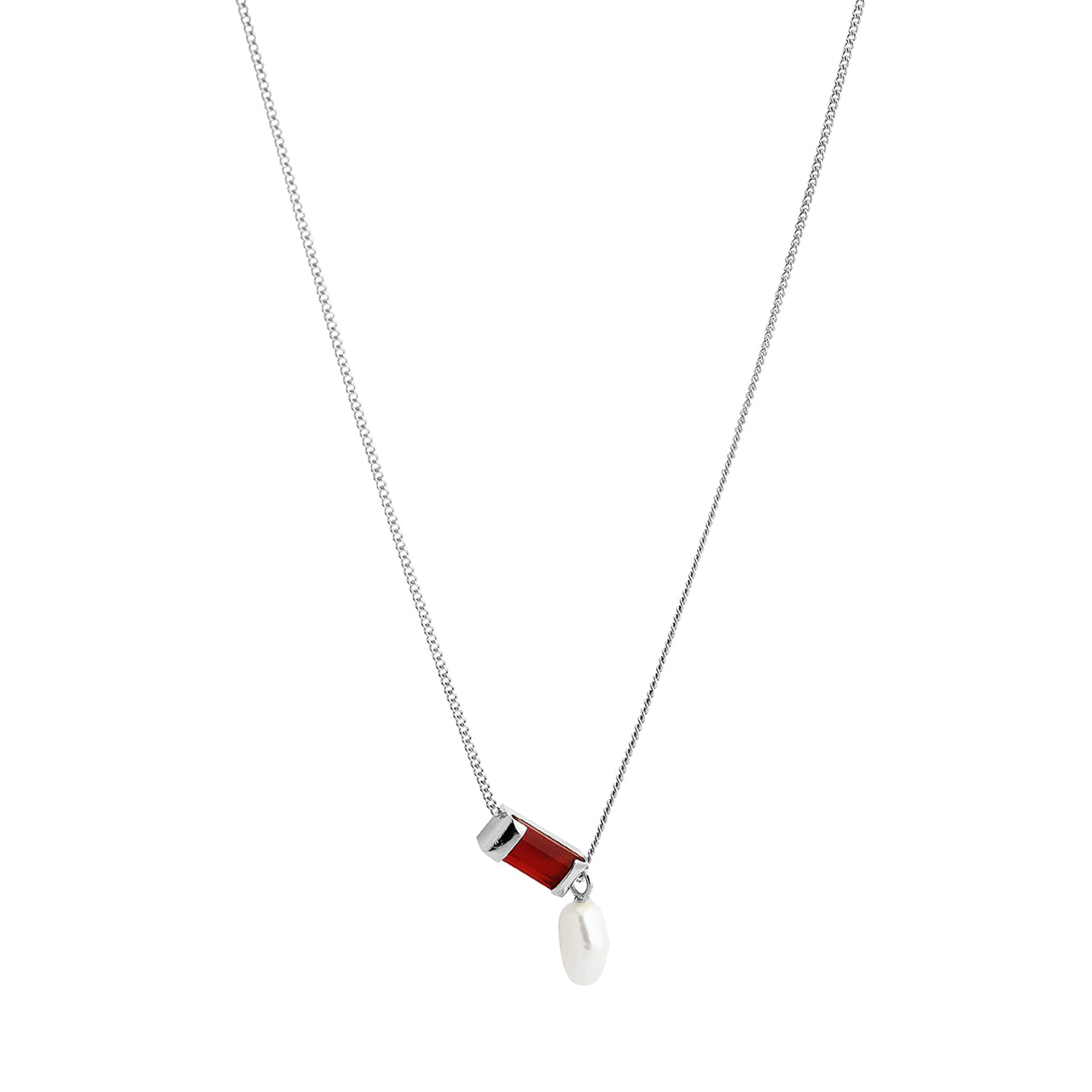 silver bar necklace with carnelian agate and baroque pearl
