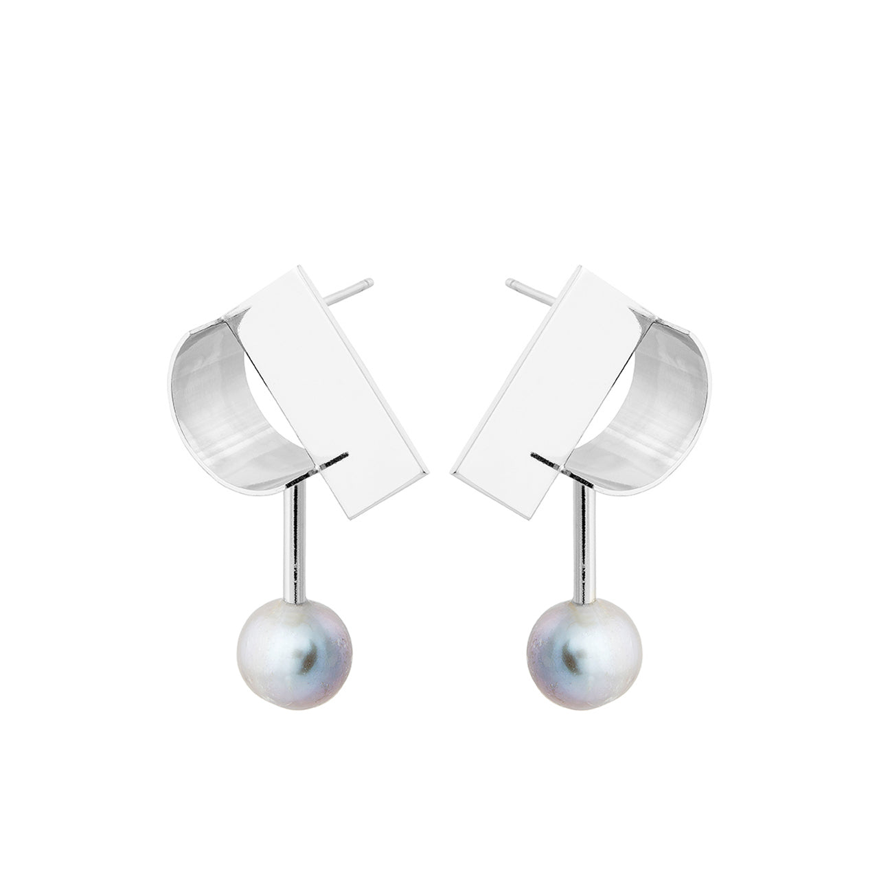 silver script earrings with grey pearl