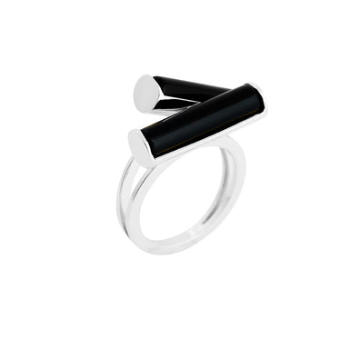 silver serif double ring with black agate